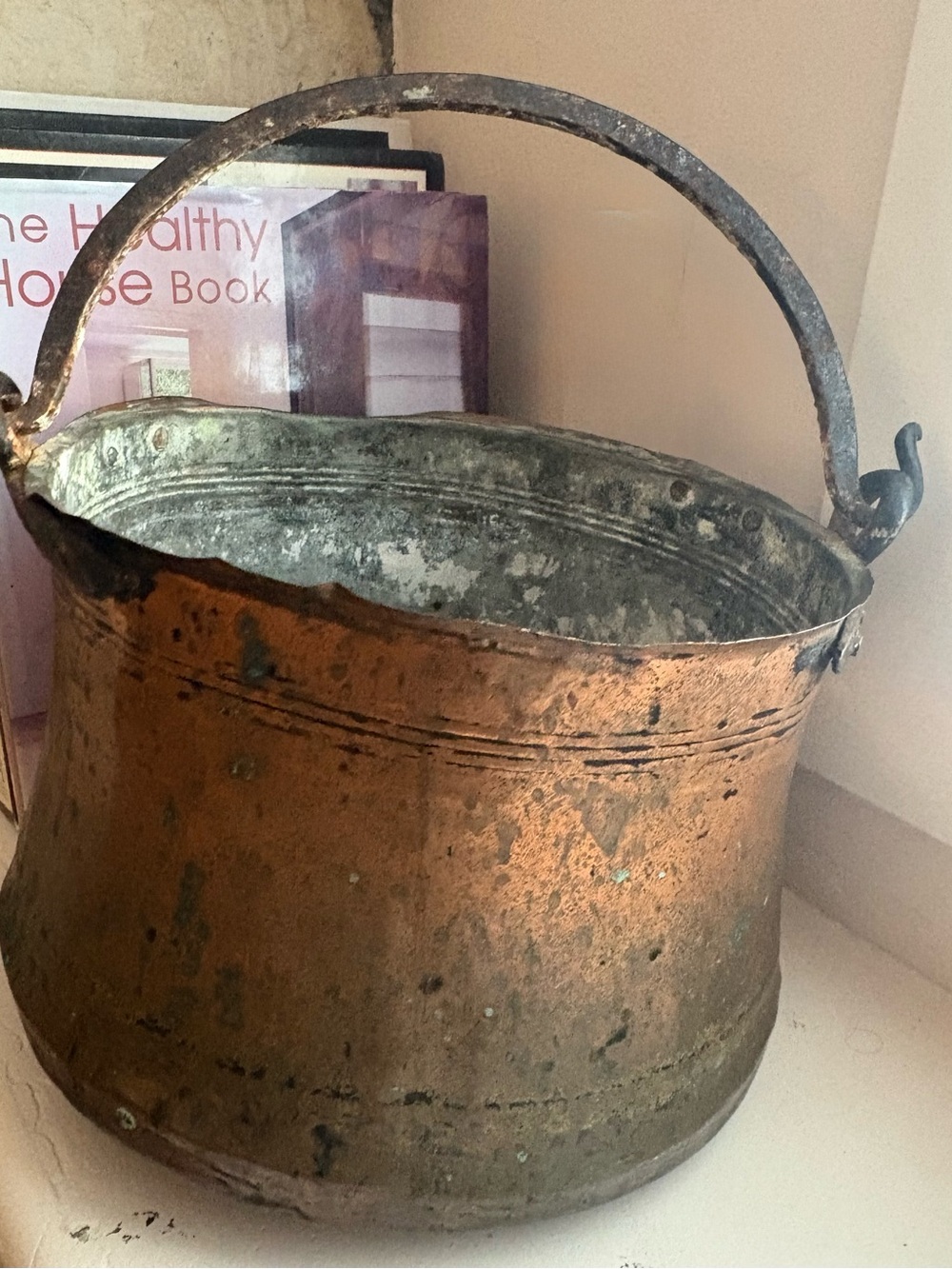 Antique large 11” hammered Copper Bucket Cauldron Iron Handle